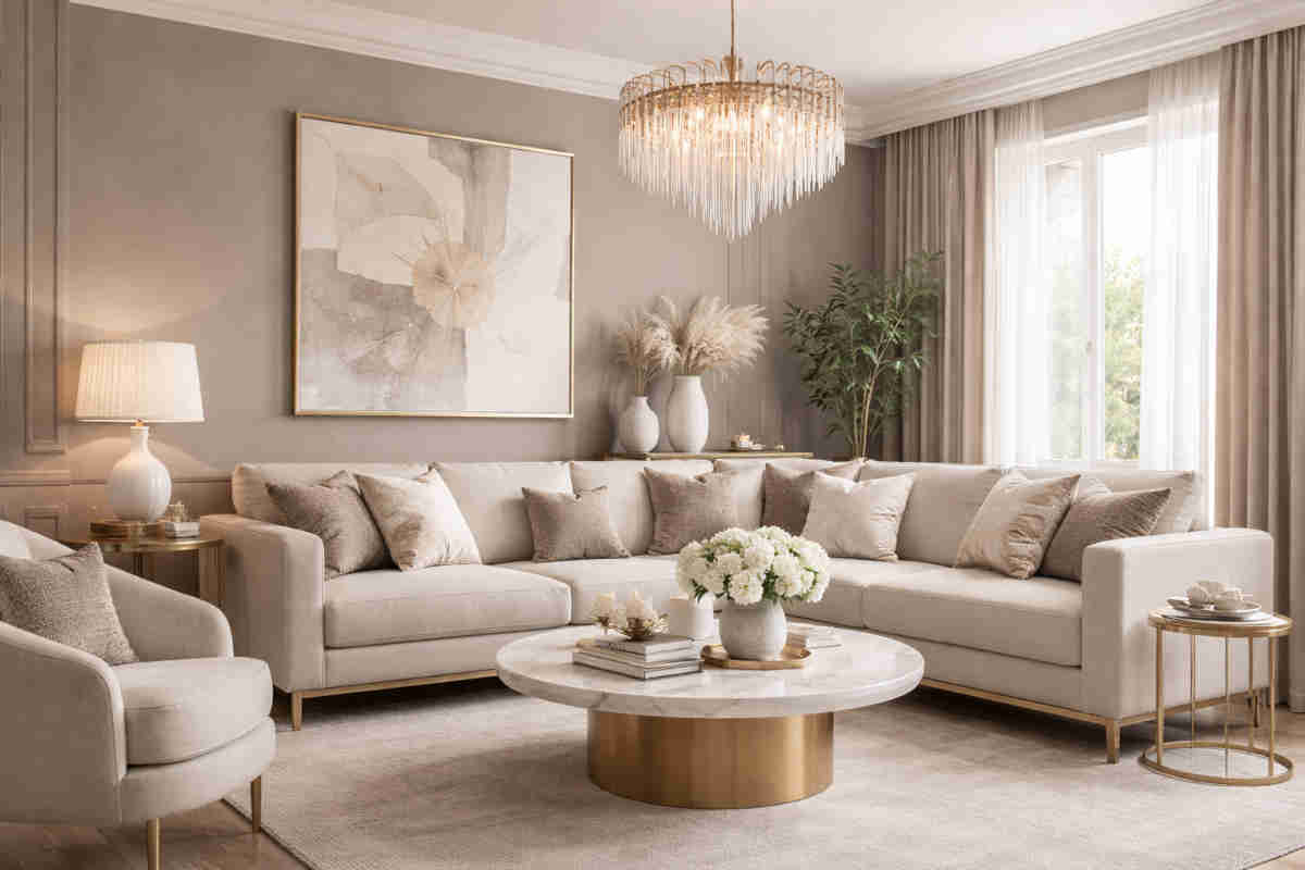 Soggiorno moderno con parete tortora dietro il divano