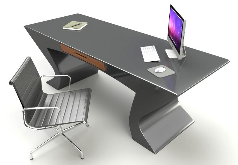 Scrivania di colore grigio con sedia d'ufficio di colore grigio, computer e notebook sulla scrivania