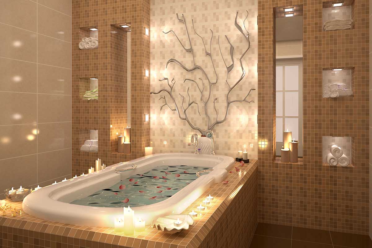 Bagno color champagne con mosaici in tinta