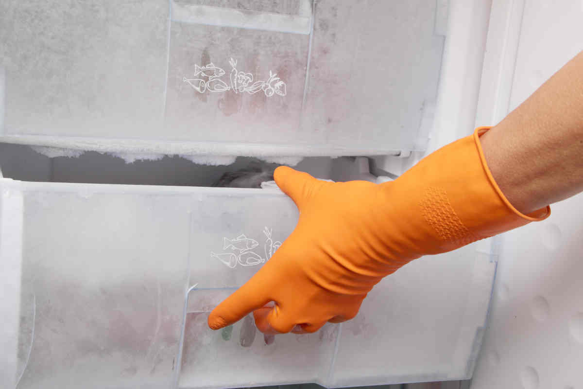 donna sbrina il freezer di casa pieno di ghiaccio