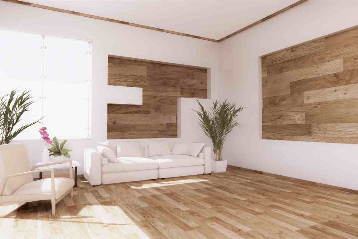 Soggiorno bianco e legno con nicchie