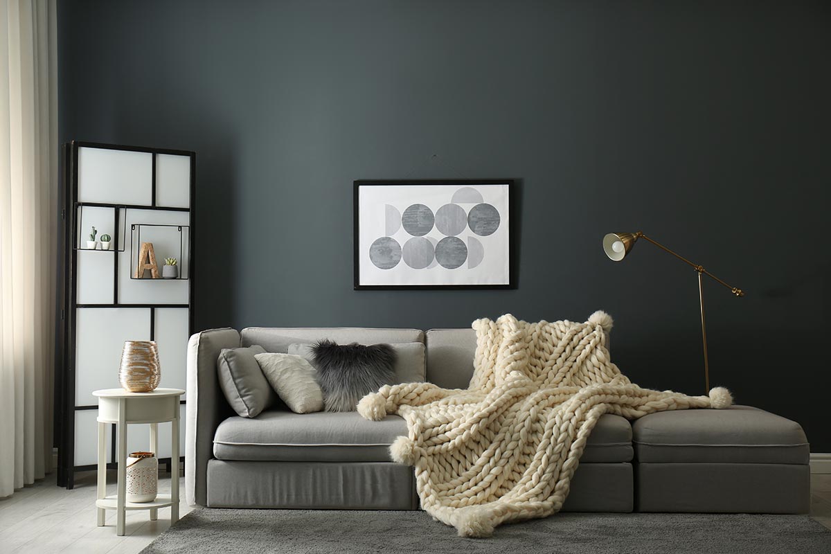 Soggiorno moderno sui toni del grigio con divano al centro della foto