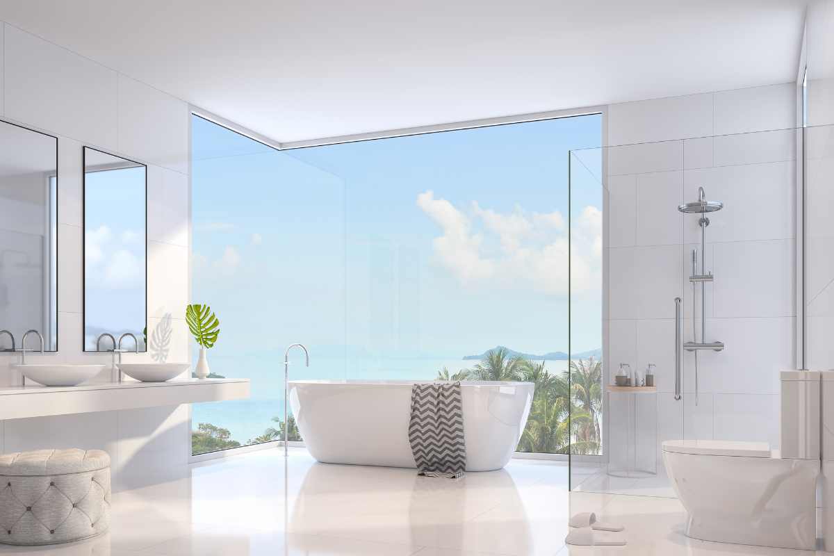 Bagno minimal con arredi arrotondati