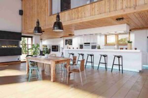 cucina e soggiorno open space arredato in stile moderno
