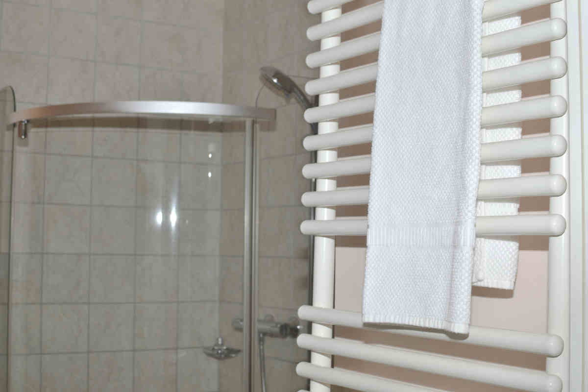 angolo del bagno con scaldasalviette elettrico vicino alla doccia