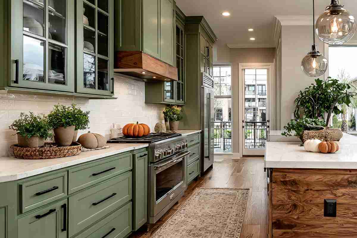 una cucina moderna verde e legno