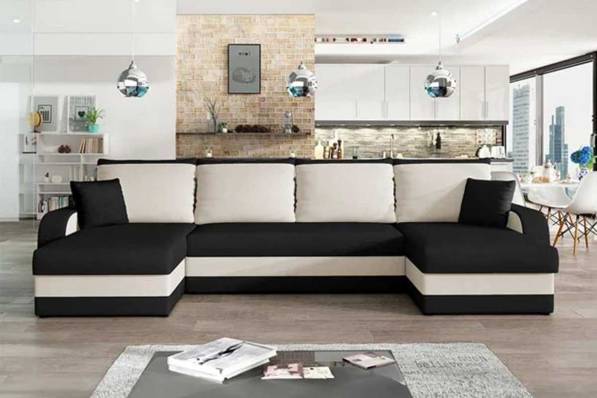 divano angolare a U bicolor bianco e nero