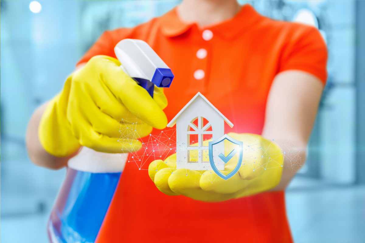 donna con guanti e detergente spray e icona della casa pulita e igienizzata