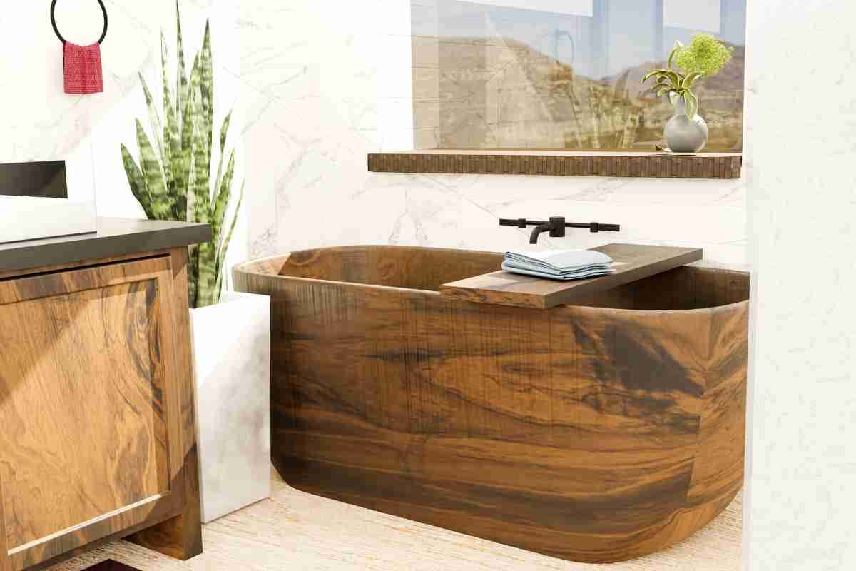 Bagno in stile boho con arredi in legno