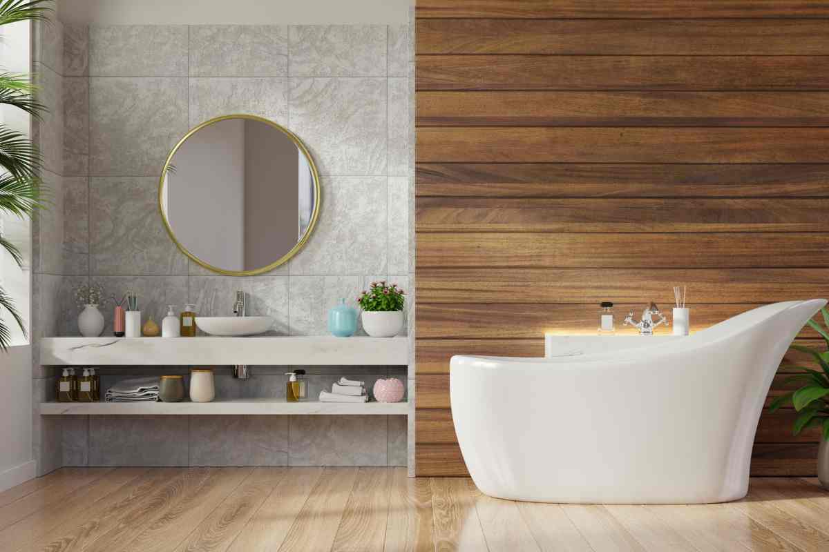 idee per bagni moderni di design con doppia parete legno e piastrelle e vasca da bagno asimmetrica
