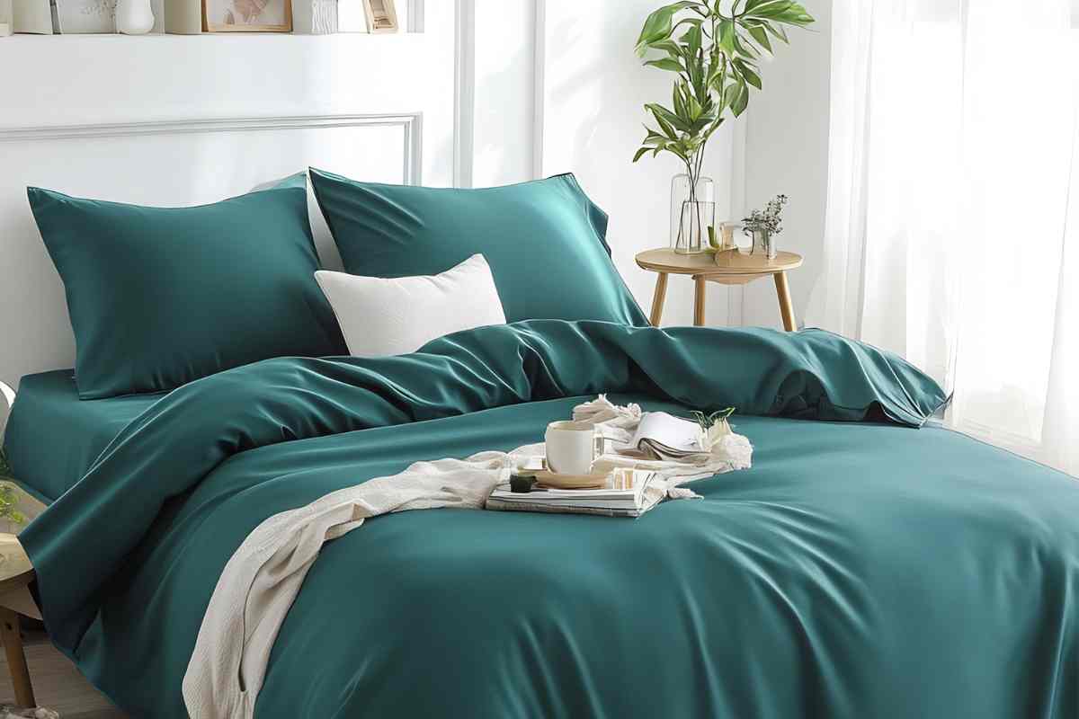 Camera da letto con biancheria color ottanio