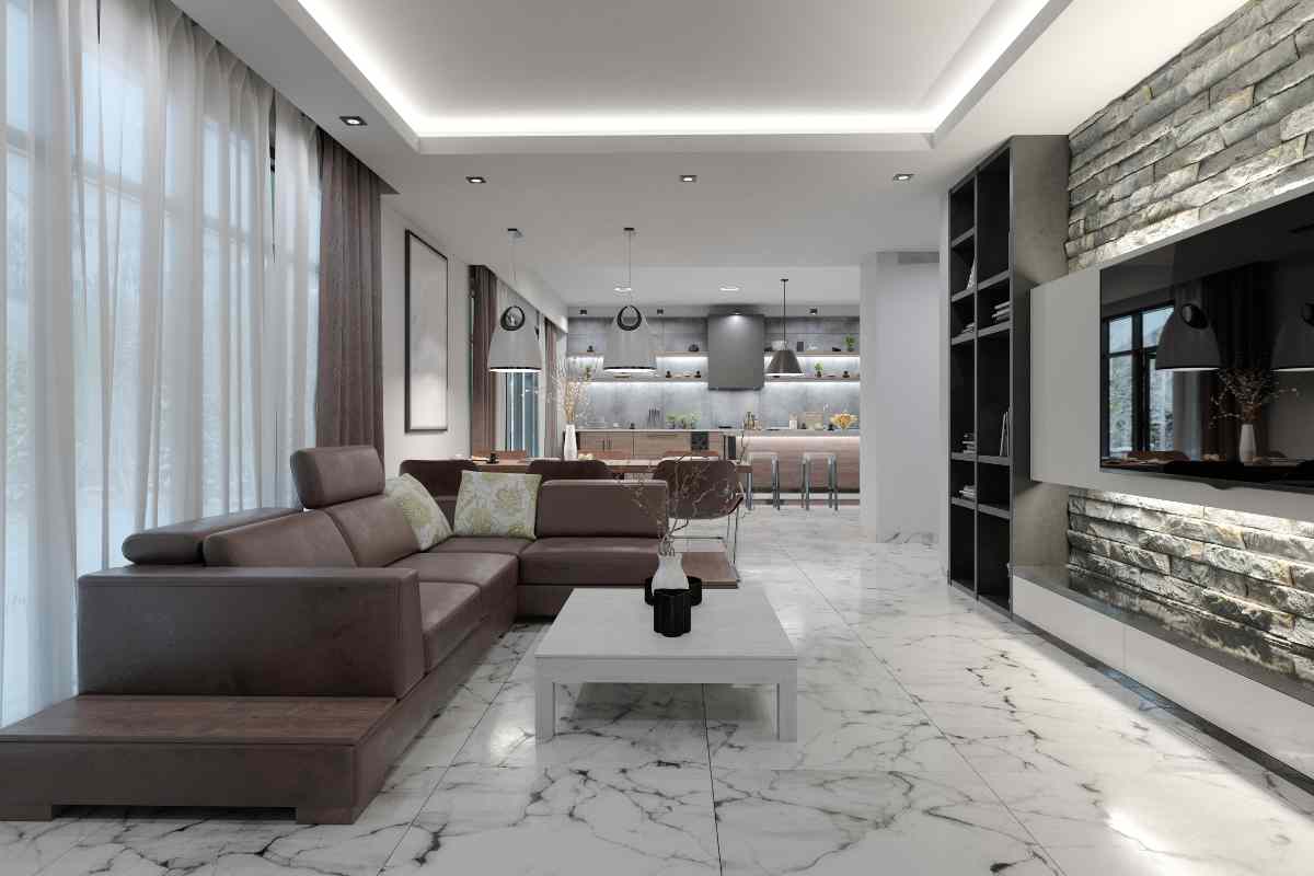living open space con cucina con pavimento in marmo bianco