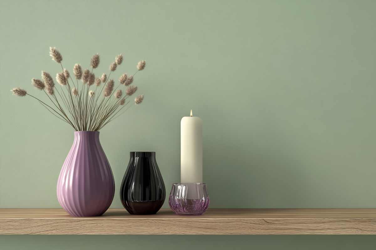 vaso color lilla vicino vaso più piccolo nero e portacandela su mensola alla parete verde