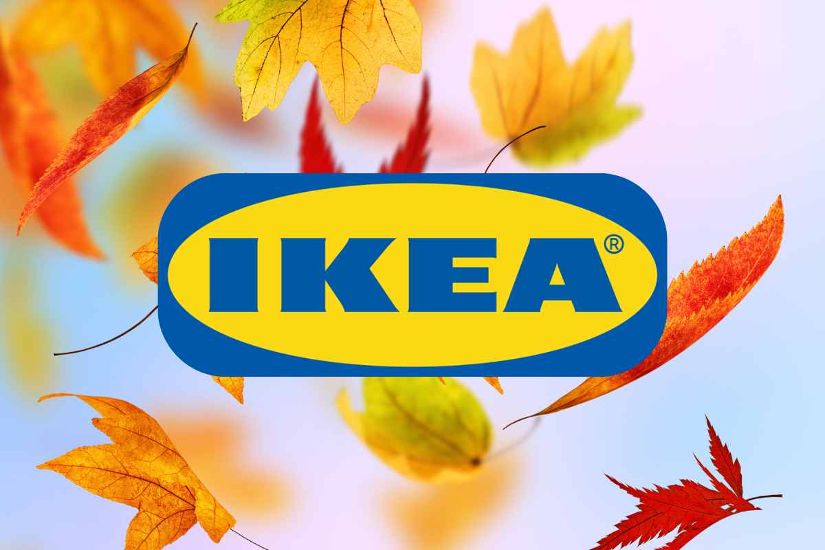 logo ikea e foglie gialle e arancioni sullo sfondo come simbolo delle offerte di ottobre