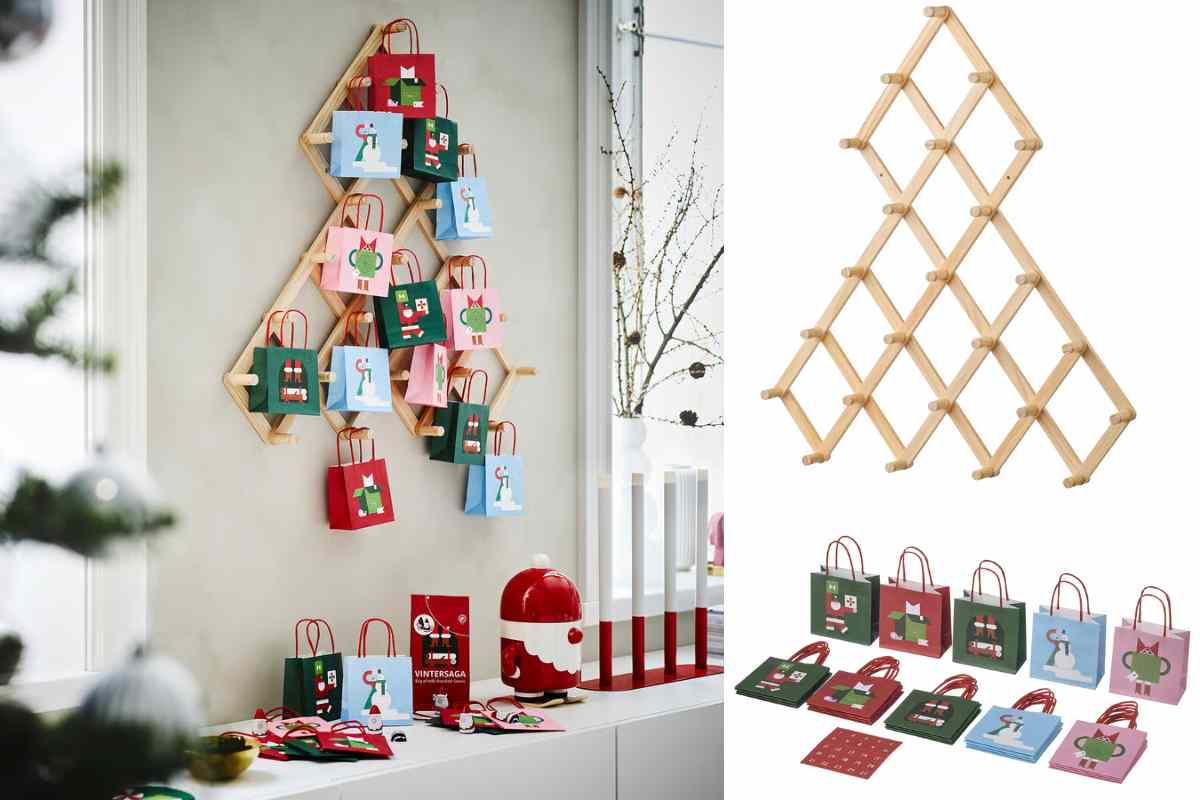 Albero da parete Ikea con sacchettini da appendere per un calendario dell'avvento fai da te