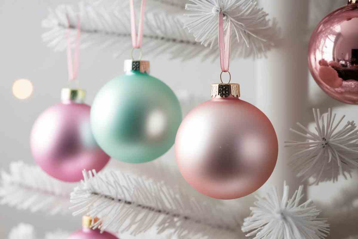 palline satinate color pastello su albero di Natale bianco in stile shabby chic