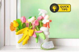 Cestino con prodotti pulizia e tulipani con scritta consigli