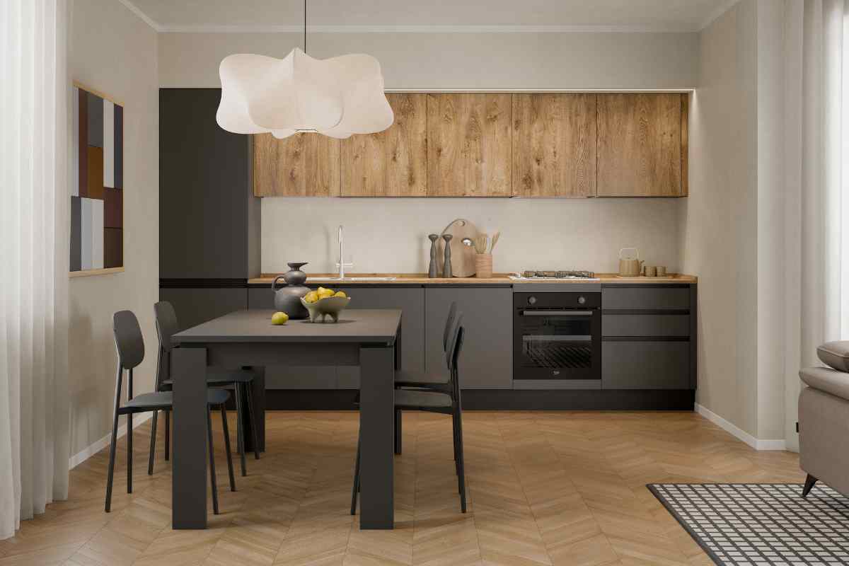 Cucina Febal Casa compatta con tavolo e due sedie