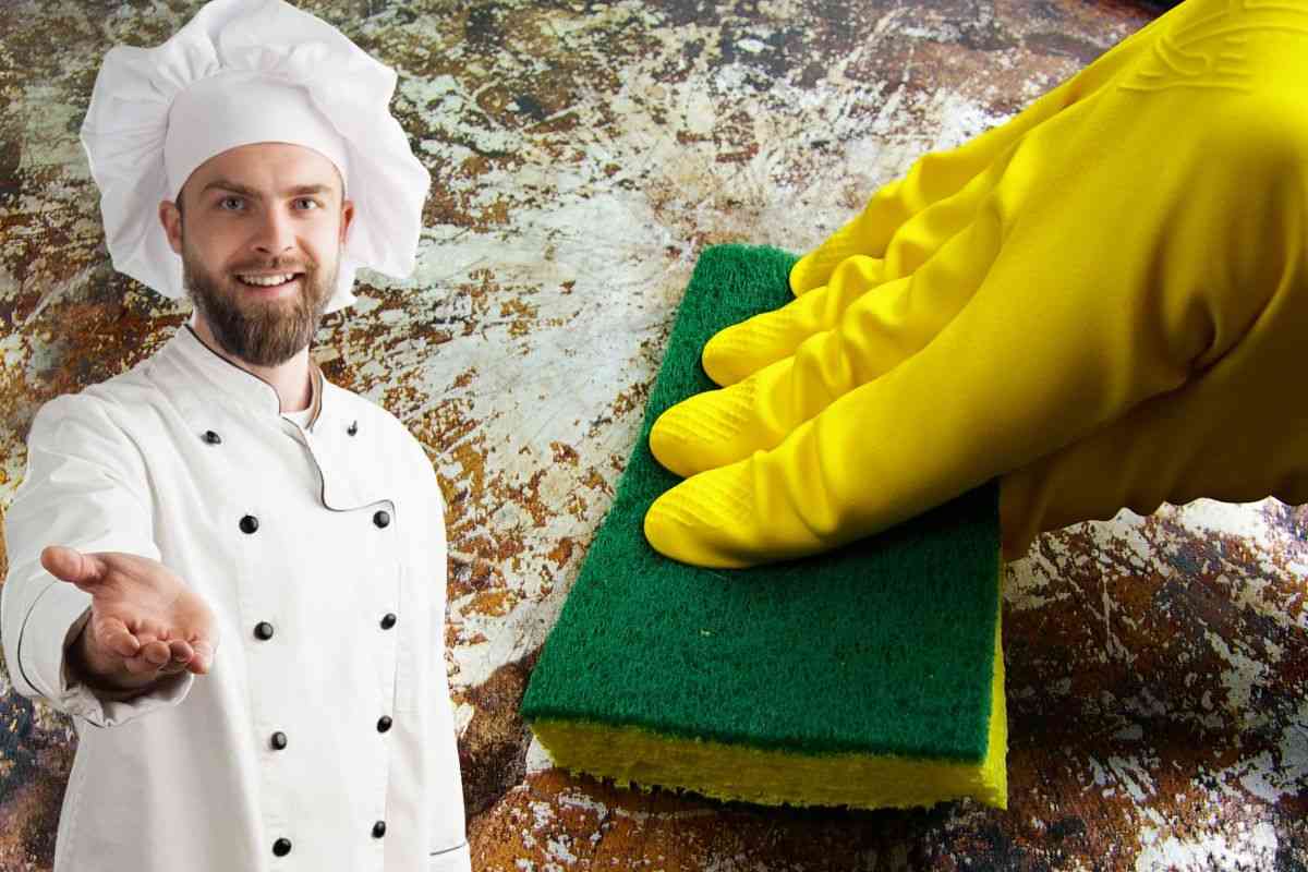 Chef con mano tesa e mano con pezzetta che pulisce pentola incrostata