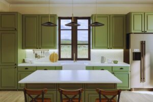 cucina verde con isola al centro