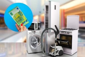 elettrodomestici e banconota 100 euro in mano
