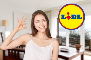 donna gesto ok su sfondo casa elegante e logo lidl