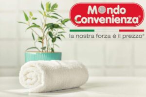 Asciugamano arrotolato pianta e logo mondo convenienza