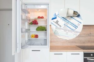frigo aperto e nel cerchio le bollette
