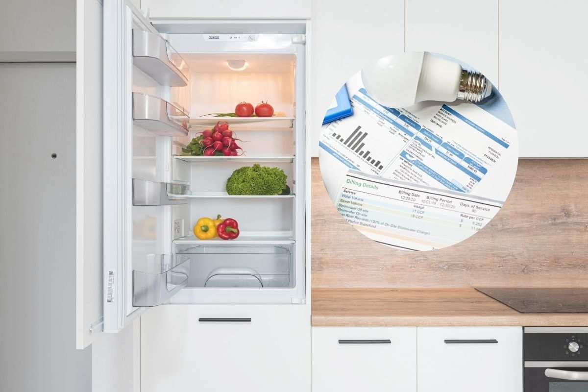 frigo aperto e nel cerchio le bollette