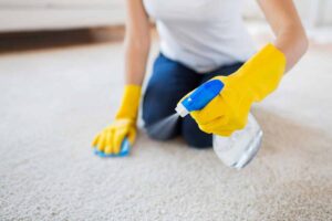 Donna spruzza spray sul tappeto
