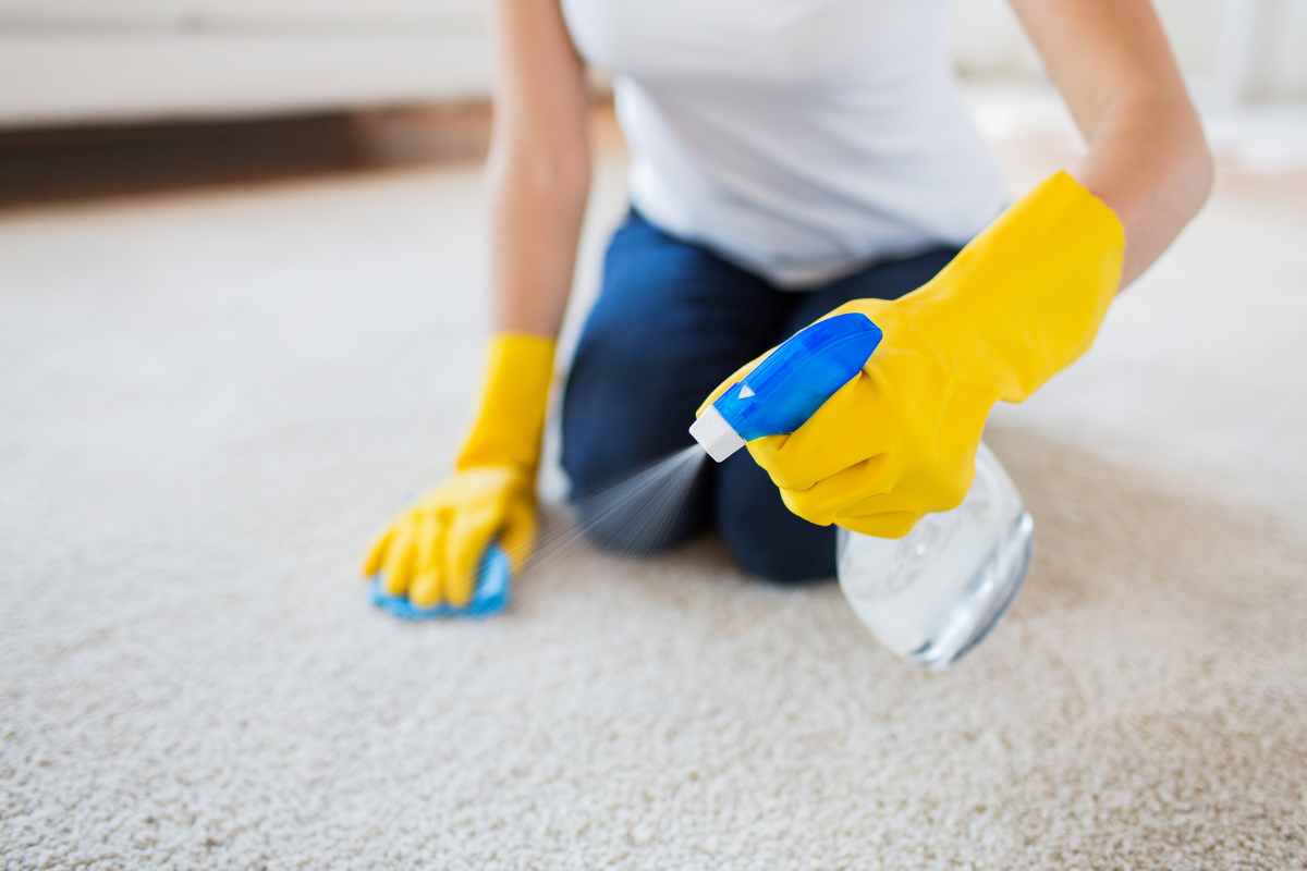 Donna spruzza spray sul tappeto
