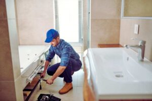 un operaio che sistema una vasca in bagno