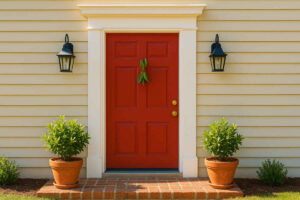 Patio con porta di ingresso rossa con sopra delle foglie di alloro
