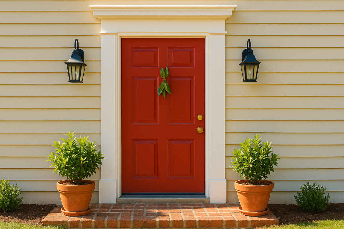 Patio con porta di ingresso rossa con sopra delle foglie di alloro