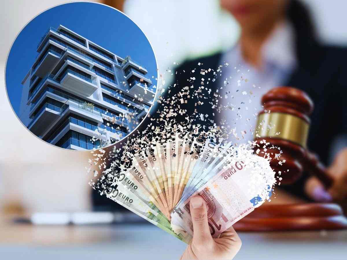 Mano con soldi, martello avvocato e condominio