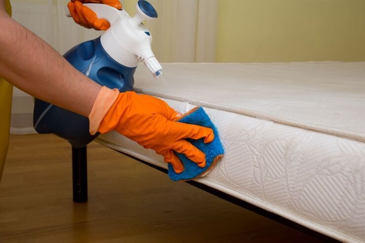 Donna che pulisce materasso con spray 