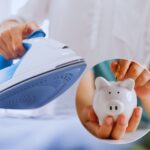 Persona che utilizza il ferro da stiro e salvadanaio
