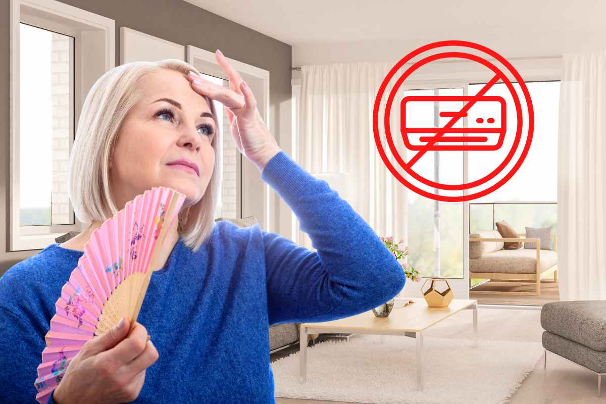 donna con ventaglio sfondo soggiorno e simbolo stop condizionatore