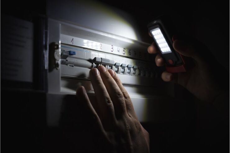 Persona illumina con torcia il contatore della corrente