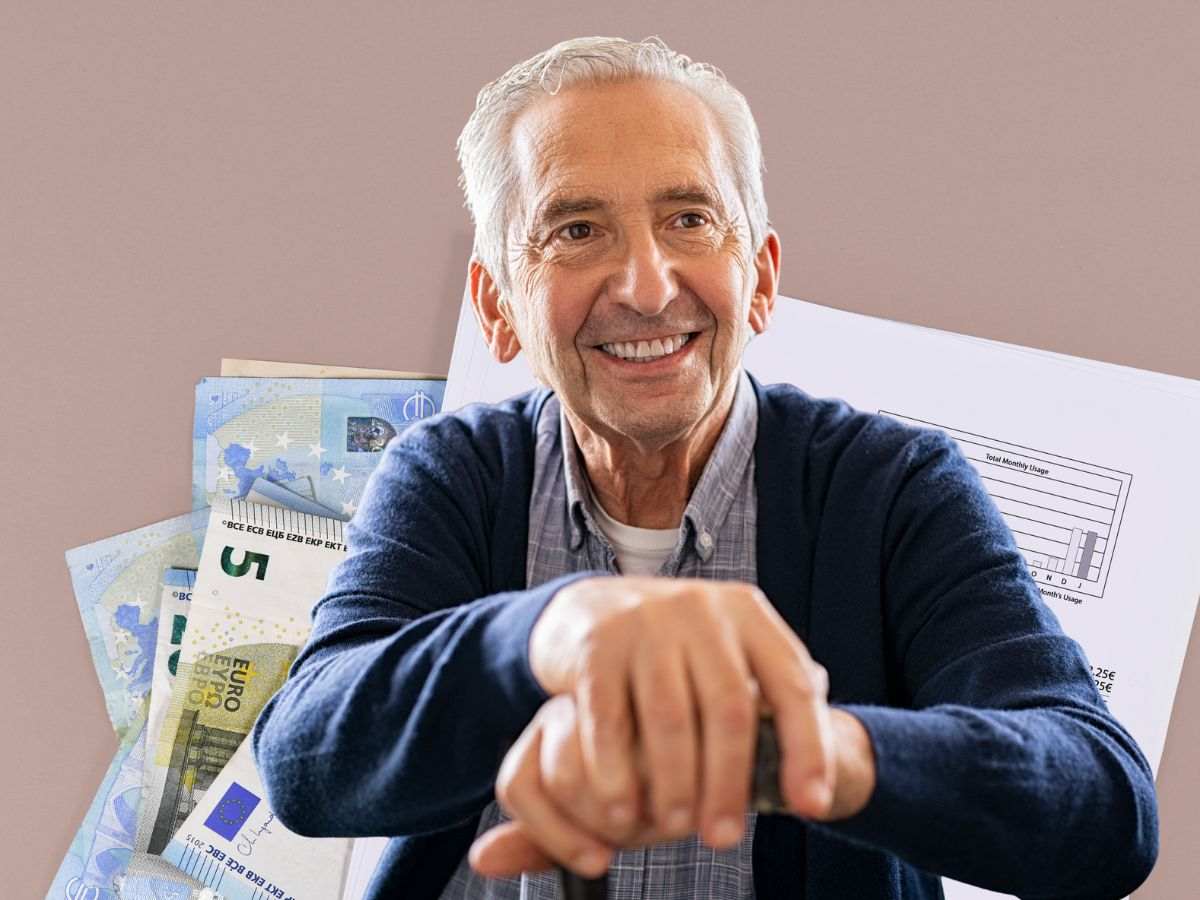 sfondo bollette e banconote euro e anziano