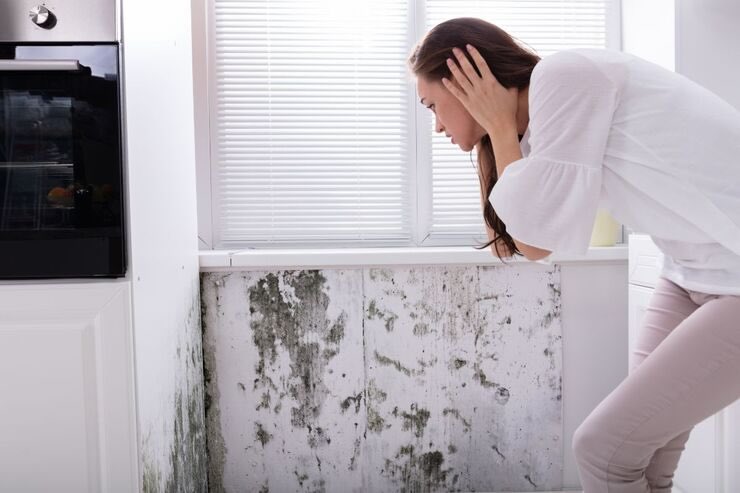 Donna mani sul capo nota muffa sotto la finestra 