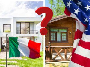 sfondo parallelo tra casa in cemento e casa in legno con bandiera italiana e americana e punto interrogativo