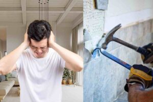 Uomo si tappa le orecchie e demolizione