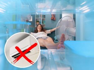 sfondo ragazza in stanza raffreddata e tondo con condizionatore e X rossa