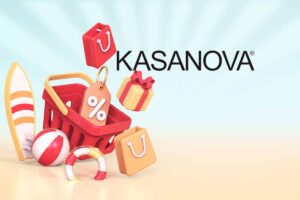 concetto di saldi estivi con cestino della spesa, shopper e logo Kasanova