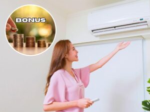sfondo donna al condizionatore e tondo con monete euro e scritta bonus
