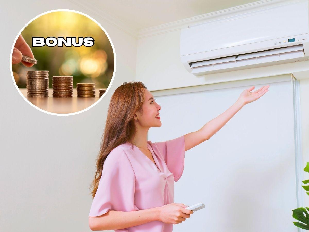 sfondo donna al condizionatore e tondo con monete euro e scritta bonus
