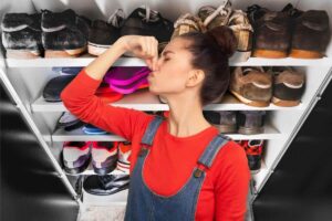 Donna si tappa naso, sul fondo scarpiera piena di scarpe