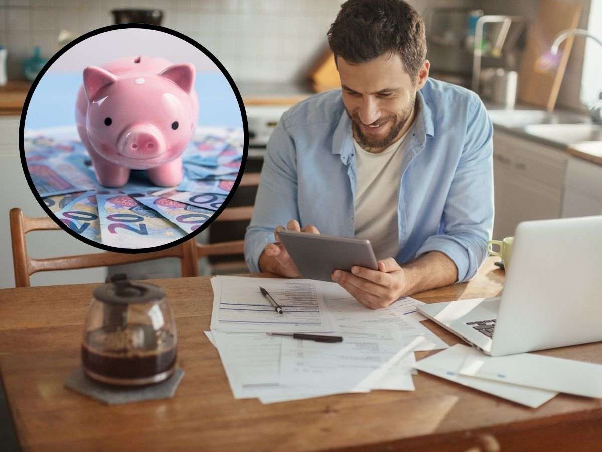 sfondo ragazzo al pc f calcoli con calcolatrice e tondo con salvadanaio e euro