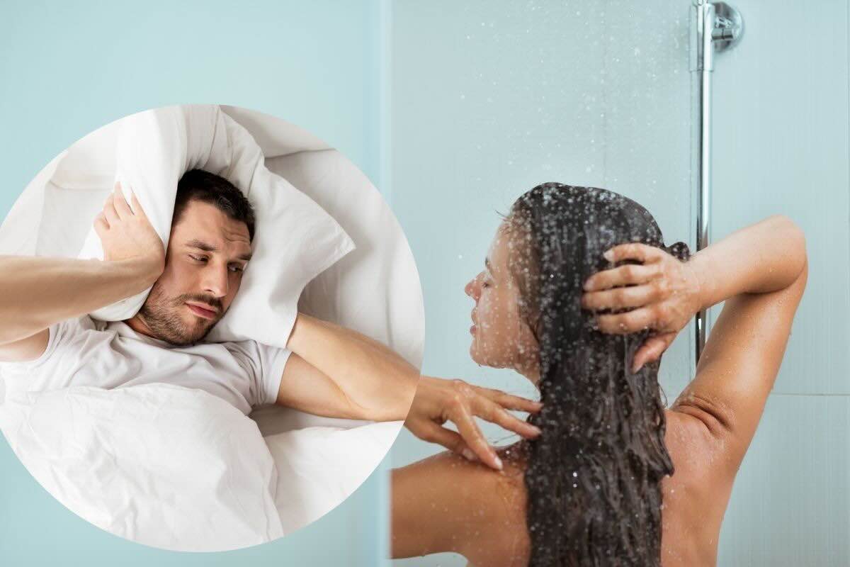 Ragazzo nel letto con cuscino sulle orecchie, ragazza fa la doccia